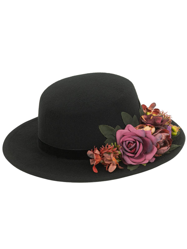 Black Felt Vintage Style Hat Floral Trim