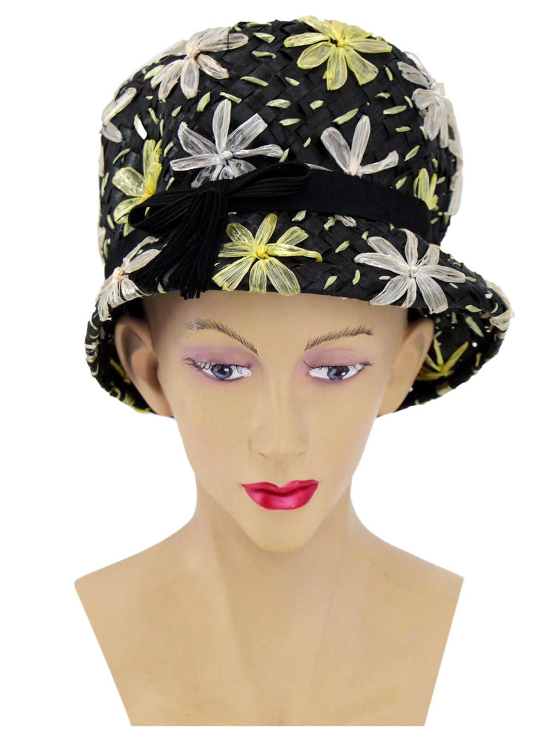 1960s Vintage Black Woven Floral Bucket Hat