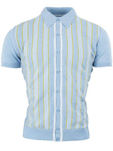 Sky Blue Striped Knit Retro Mod Polo Top