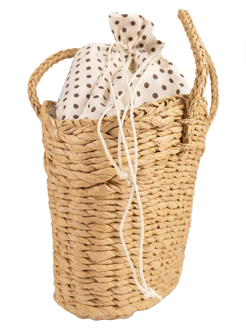 Retro Woven  Basket Bag Polka Dot Lining