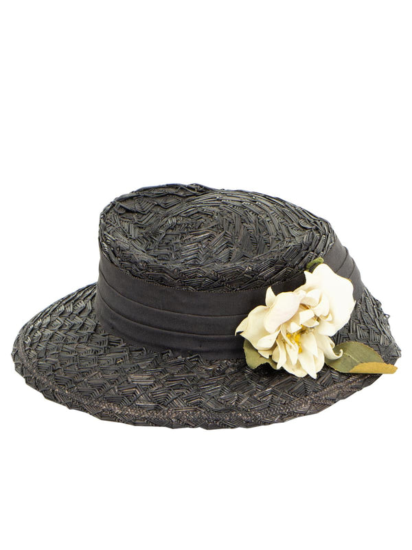 Woven 1940s Black Halo Hat Floral Trim