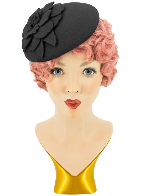 Black Vintage Style Felt Flower Button Hat