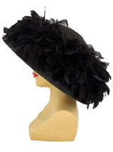 Vintage Black Straw Hat with Feather Trim