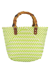 Green & White Straw Basket Bag with Bamboo Handle