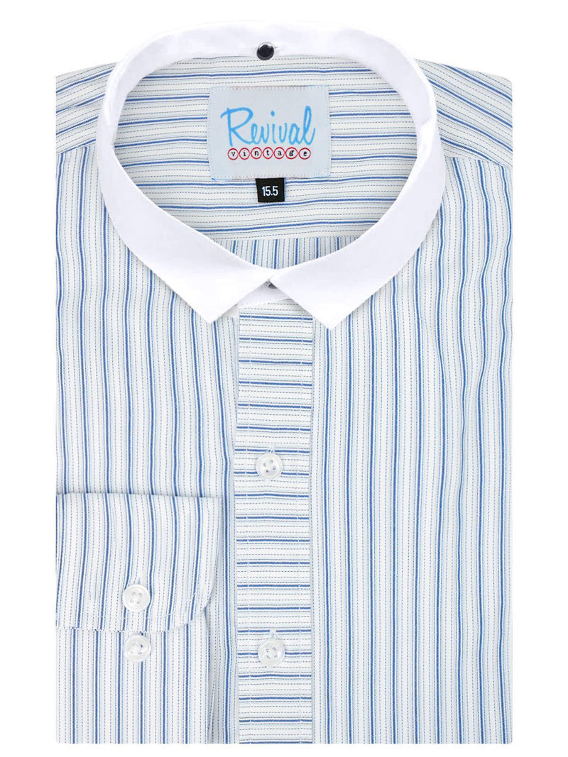 White Detachable Banker Shirt - Navy Blue Orton Stripe