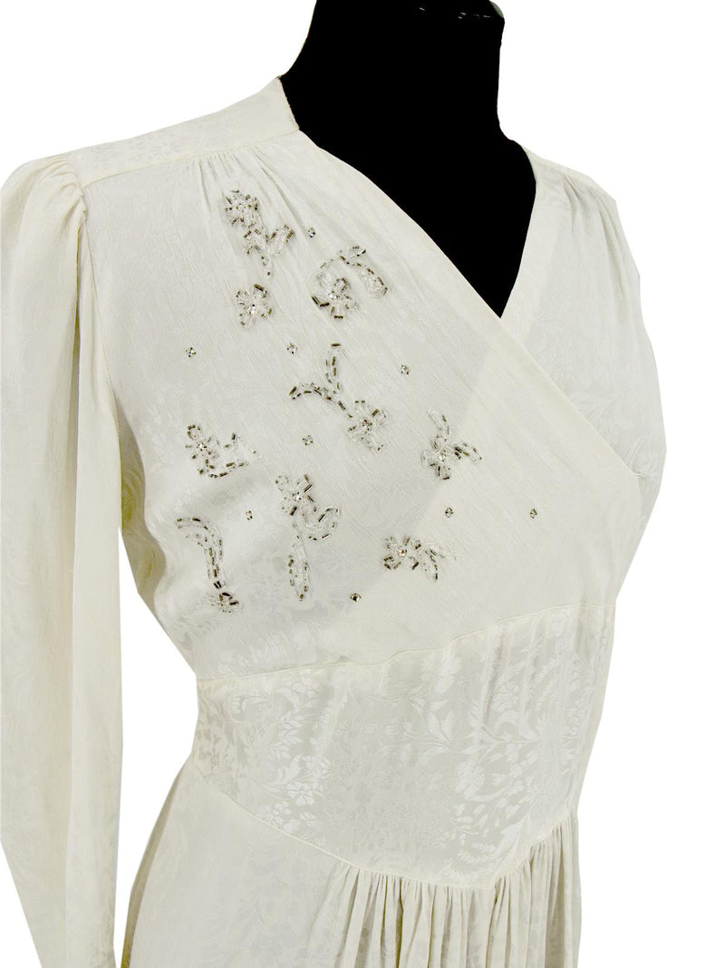 1970s Vintage Ivory Damask Silk Maxi Dress