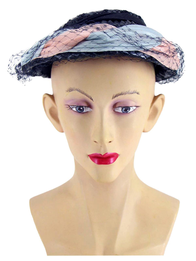 Vintage 1950s Blue & Pink Tulle Brim Hat