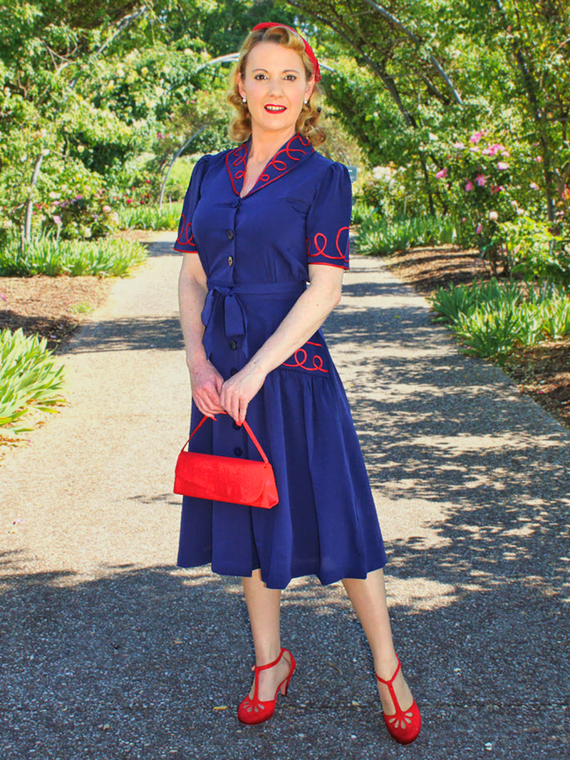 Vintage Style Navy & Red Soutache Loop Decor Dress