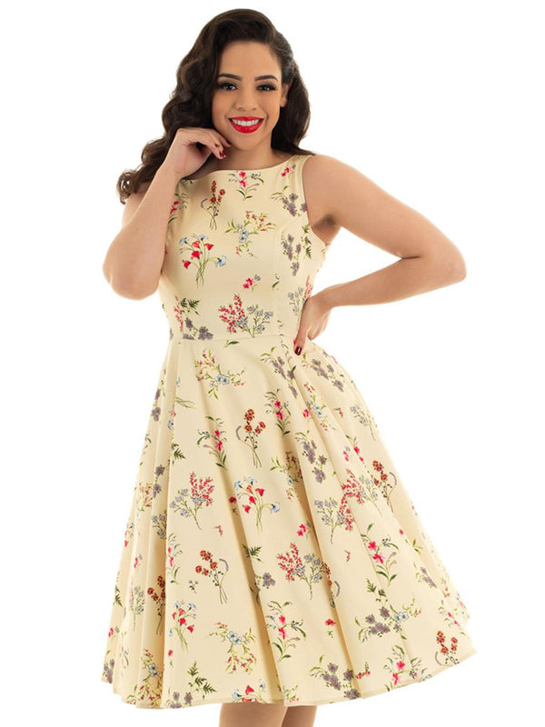 Sepia Floral Print 1950s Vintage Style Swing Dress