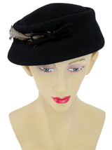 Black Felt 1950s Vintage Feather Trim Hat