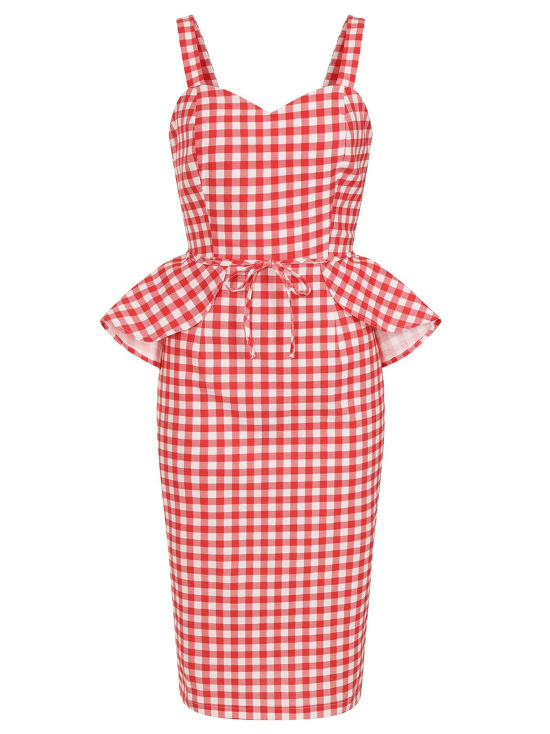 Red Gingham 1950s Vintage Style Peplum Dress