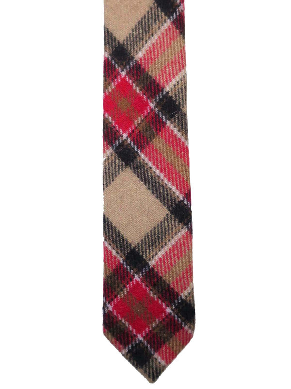 Red & Camel Tartan Wool Tweed Skinny Necktie