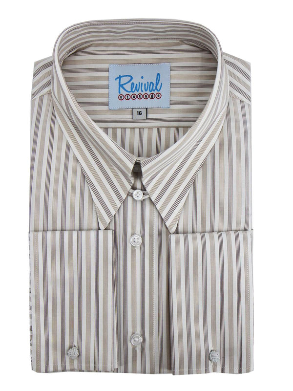 Brown Stripe 1940s Spearpoint Shirt with Tab Collar and French Cuff