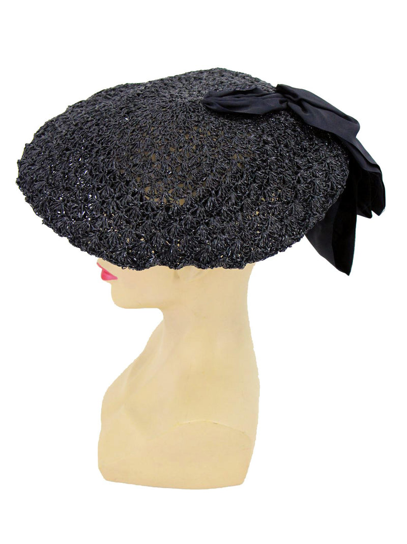 Large Black Woven 1940s Vintage Beret Hat