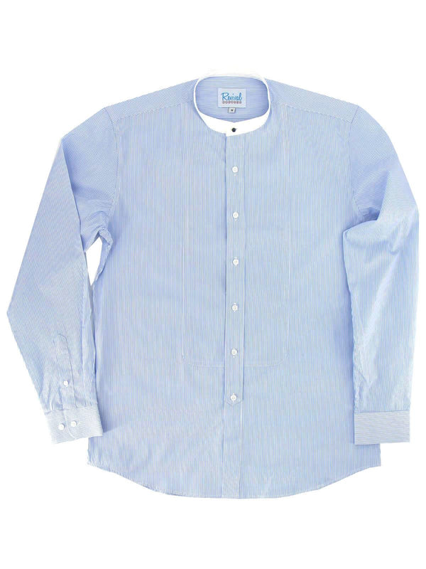 Blue Stripe Collarless Grandad Shirt with Detachable Spearpoint Collar