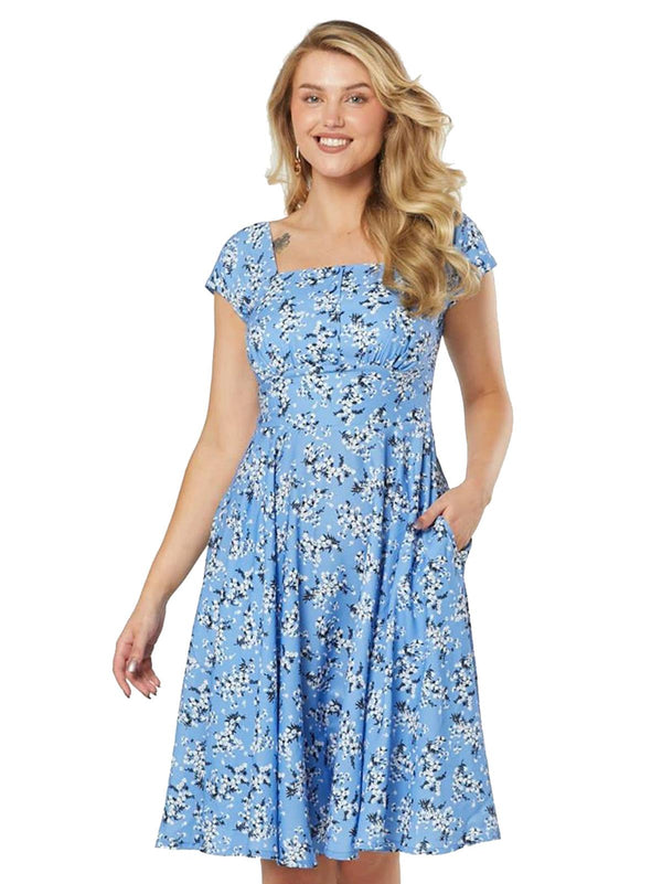 Vintage Style Cornflower Blue Floral Swing Dress