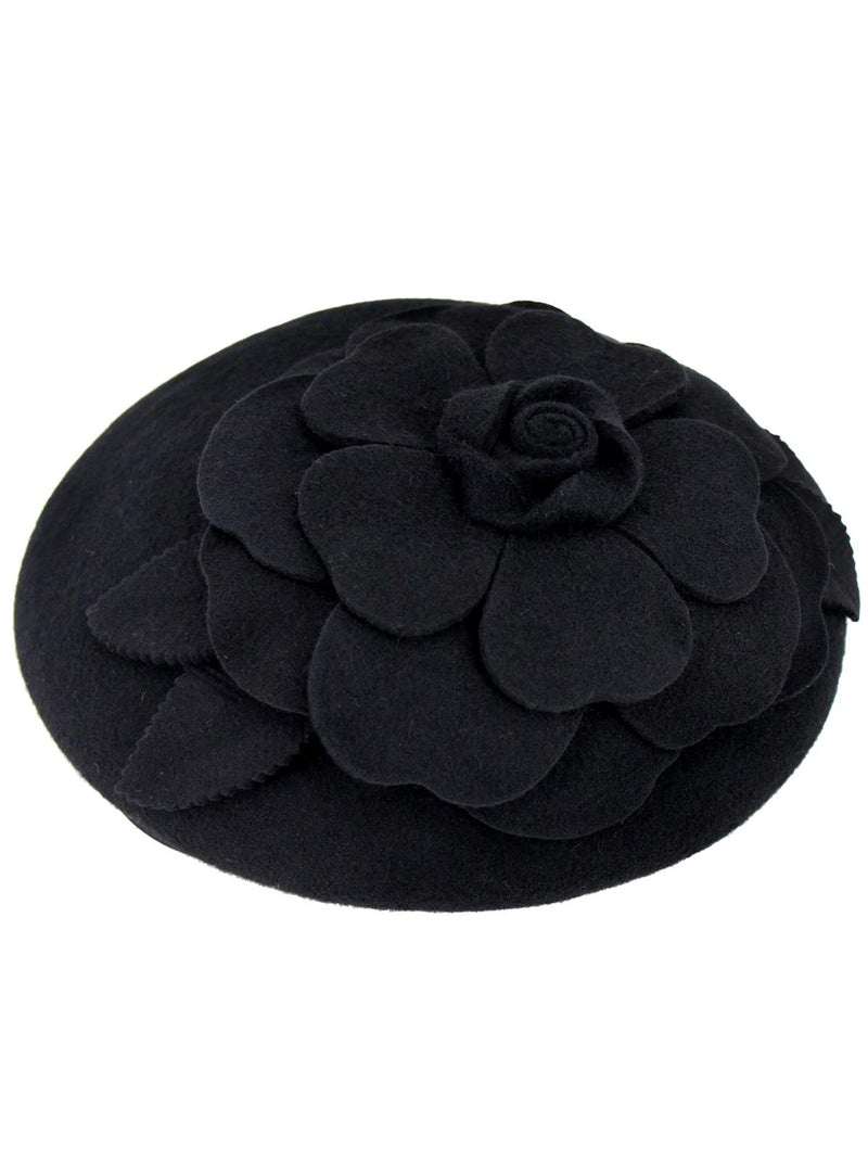 Black Vintage Style Felt Flower Button Hat