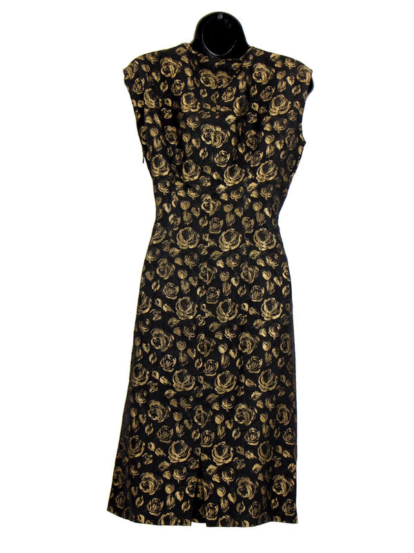 Vintage 1960s Gold Rose Brocade Black Dress