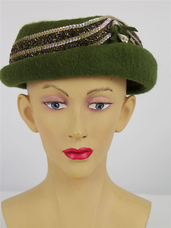 1950s Vintage Green Felt Sequined Hat