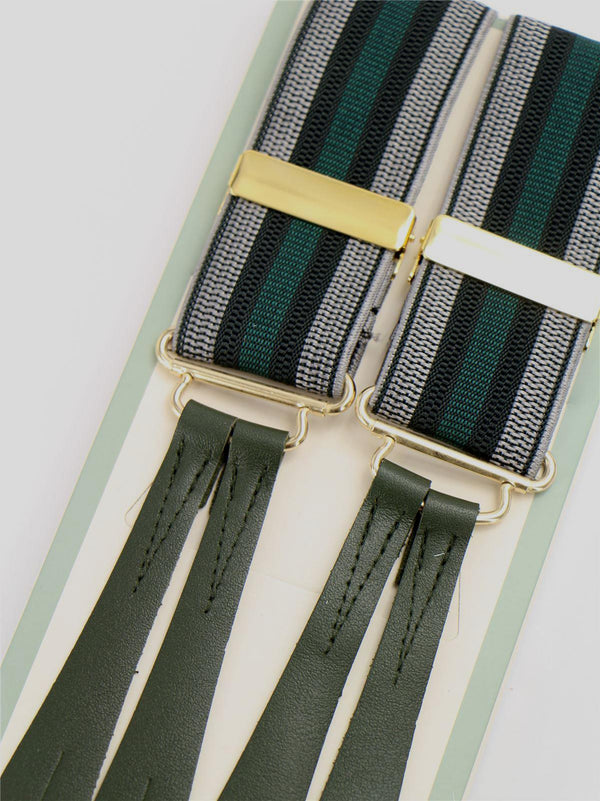 Dark Green Stripe Braces with Green Leather Loops