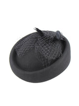 Black Vintage Style Pillbox Hat Feather Trim