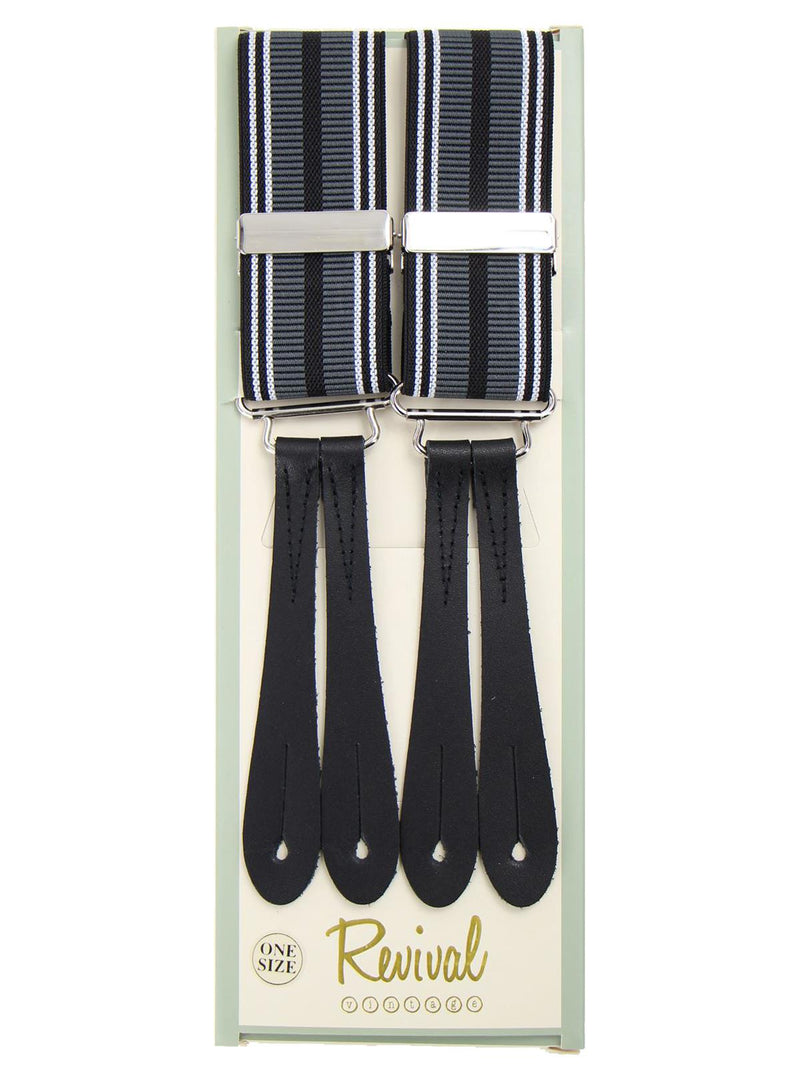 Monochrome Stripe Button Braces with Black Leather Loops