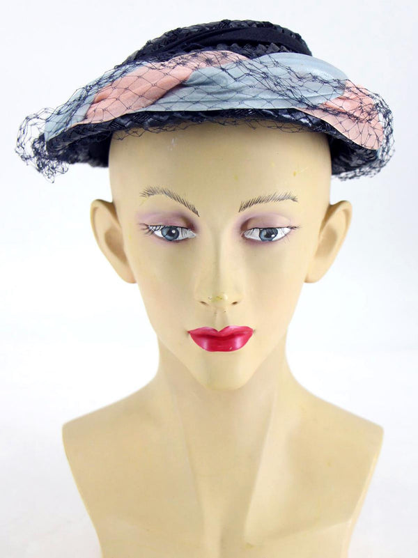 Vintage 1950s Blue & Pink Tulle Brim Hat