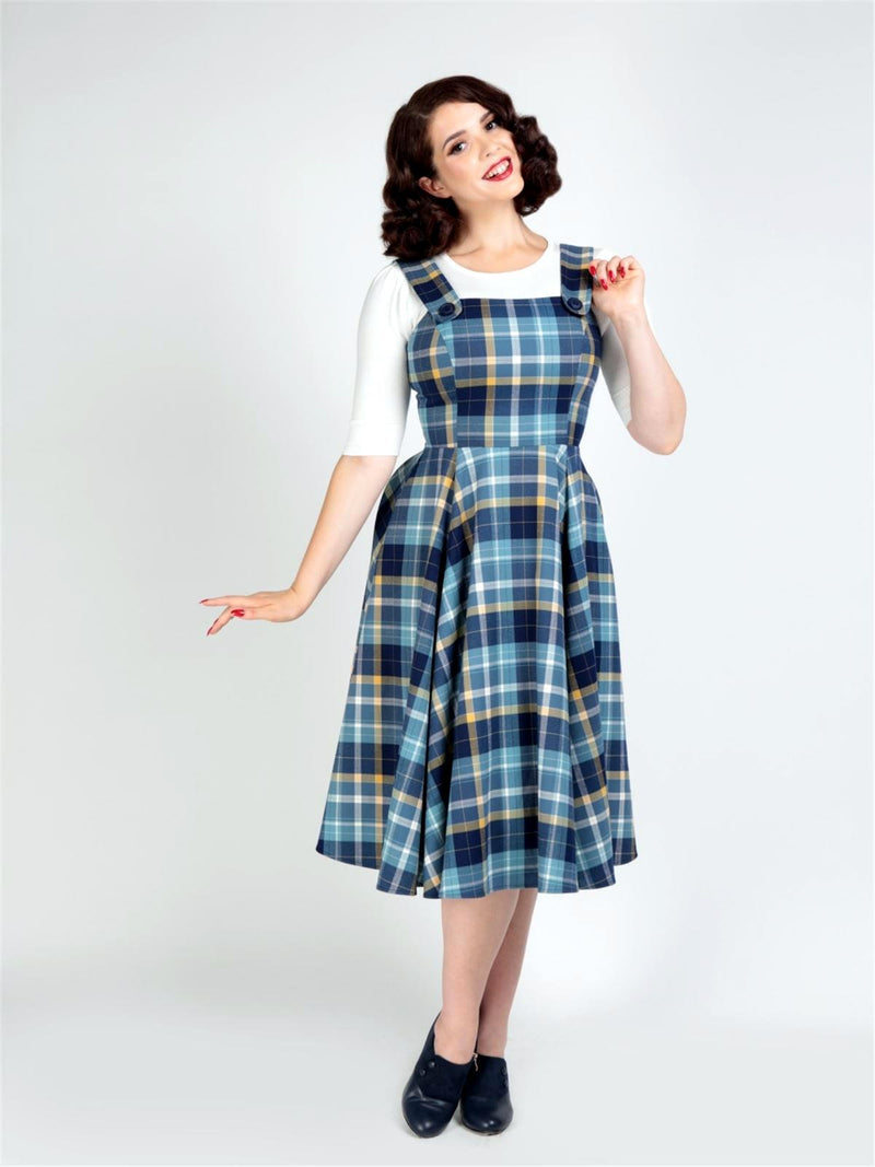 Blue Check Vintage Style Pinafore Swing Dress