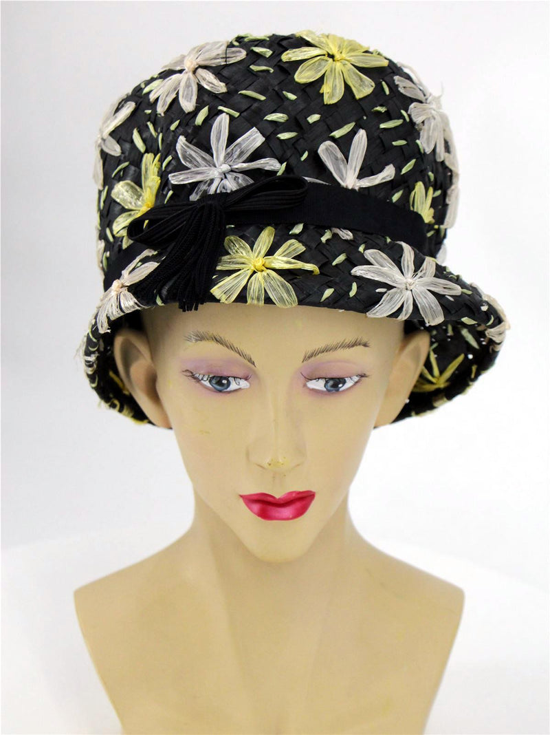 1960s Vintage Black Woven Floral Bucket Hat