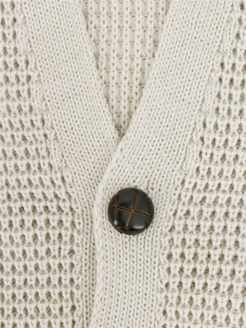 Stone Beige Waffle Knit V-Neck Vintage Style Cardigan
