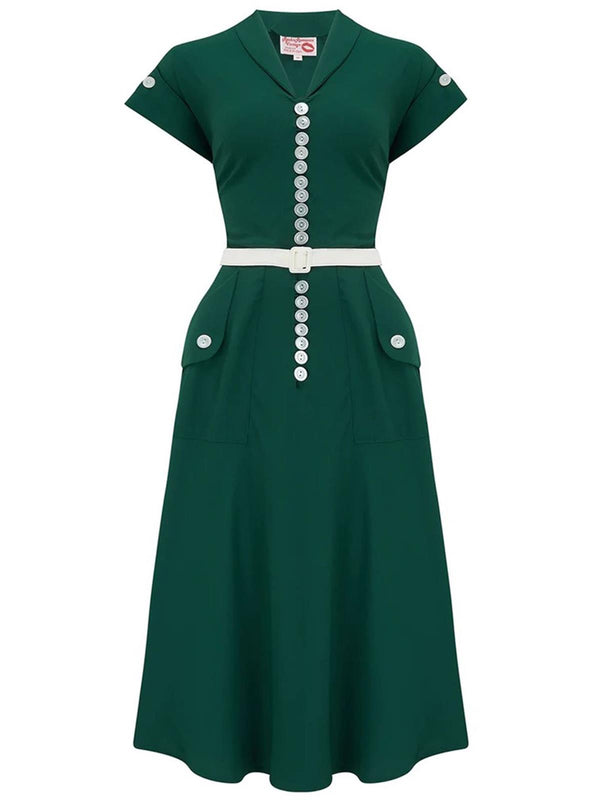 Deep Green Vintage Buttoned 1950s Day Dress