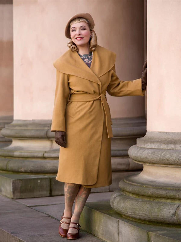 Classic Hollywood 1940s 1950s Style Camel Wrap Coat