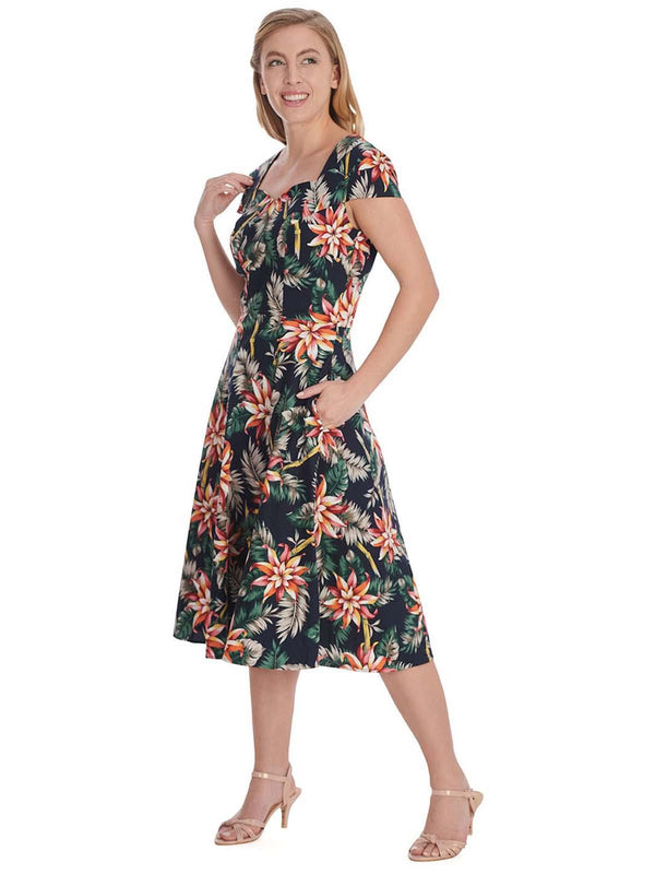 Vintage 50s Style Navy Tropical Floral Dress