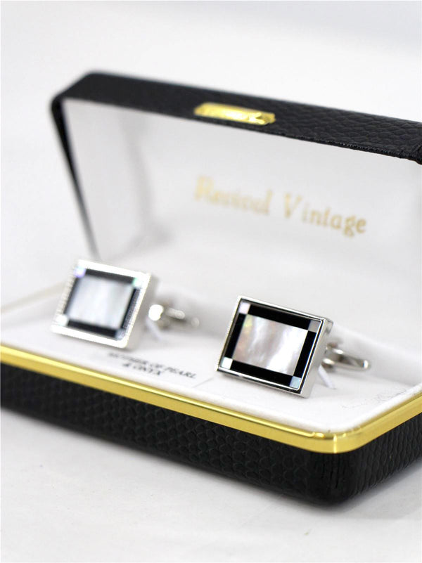 Vintage Style Rectangle Mother of Pearl & Onyx Cufflinks