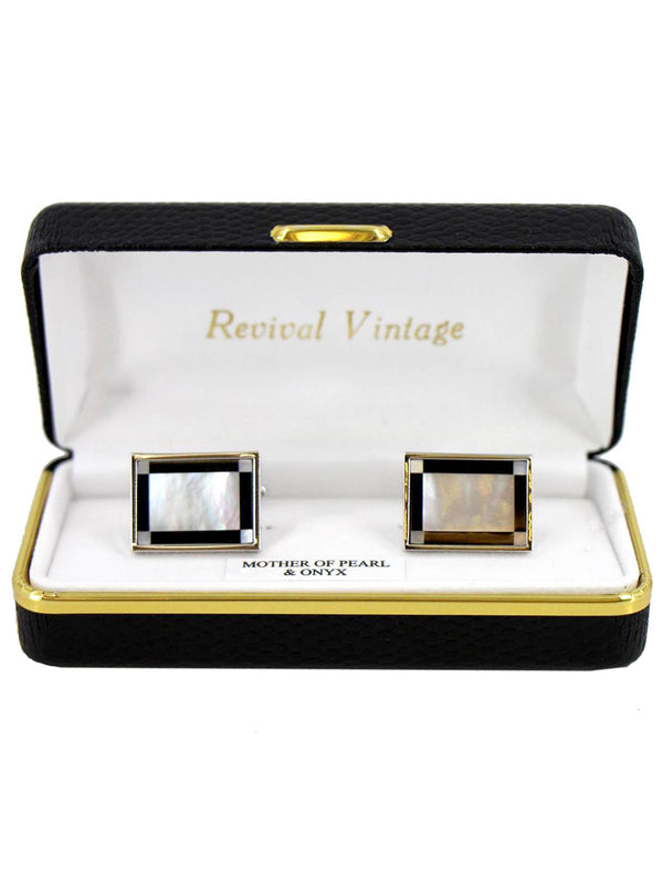 Vintage Style Rectangle Mother of Pearl & Onyx Cufflinks