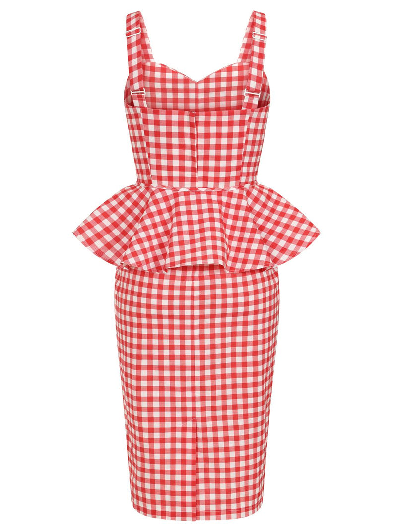 Red Gingham 1950s Vintage Style Peplum Dress