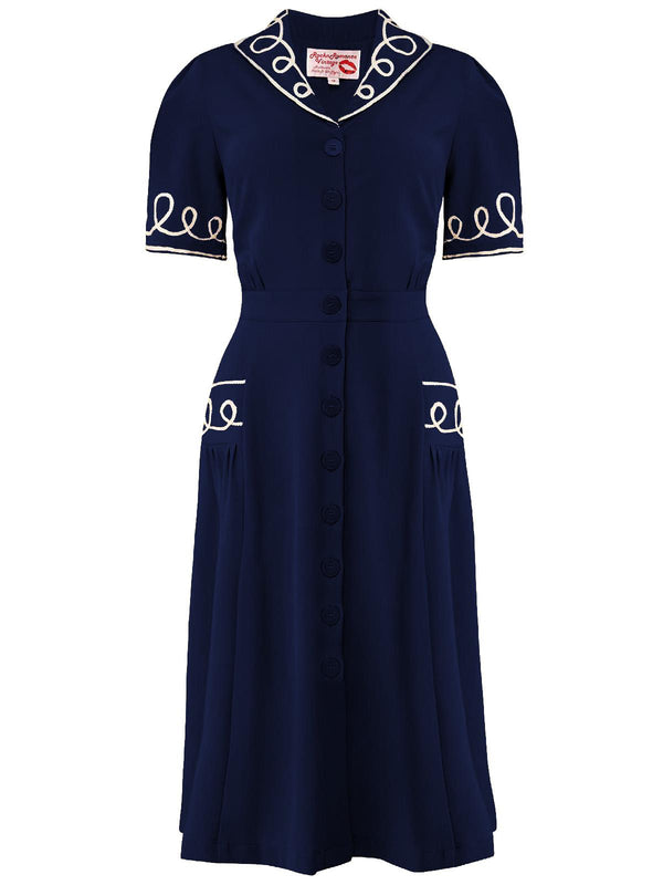Vintage Style Navy Blue Soutache Loop Decor Dress