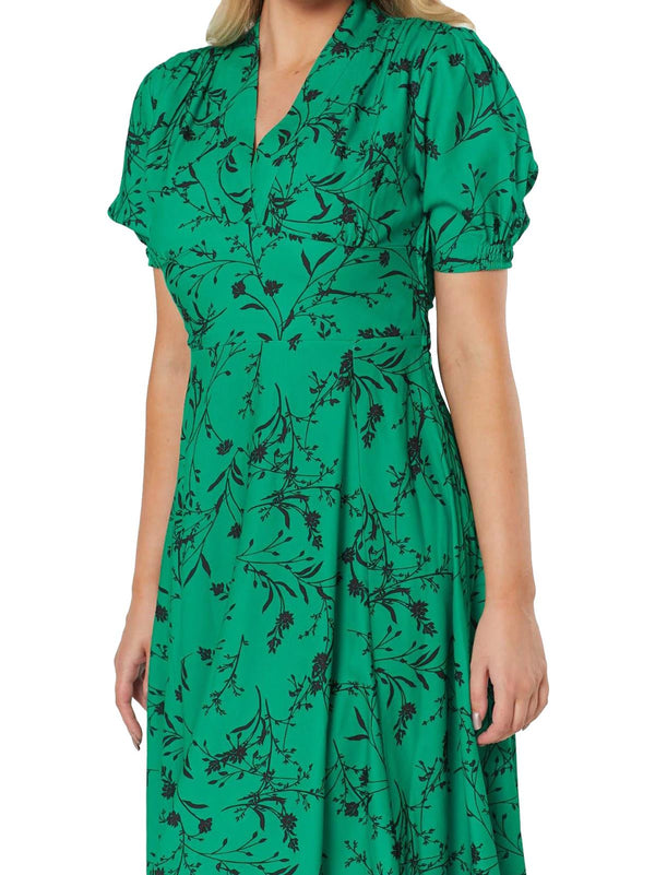 Vintage Style Green and Black Floral A-Line Dress