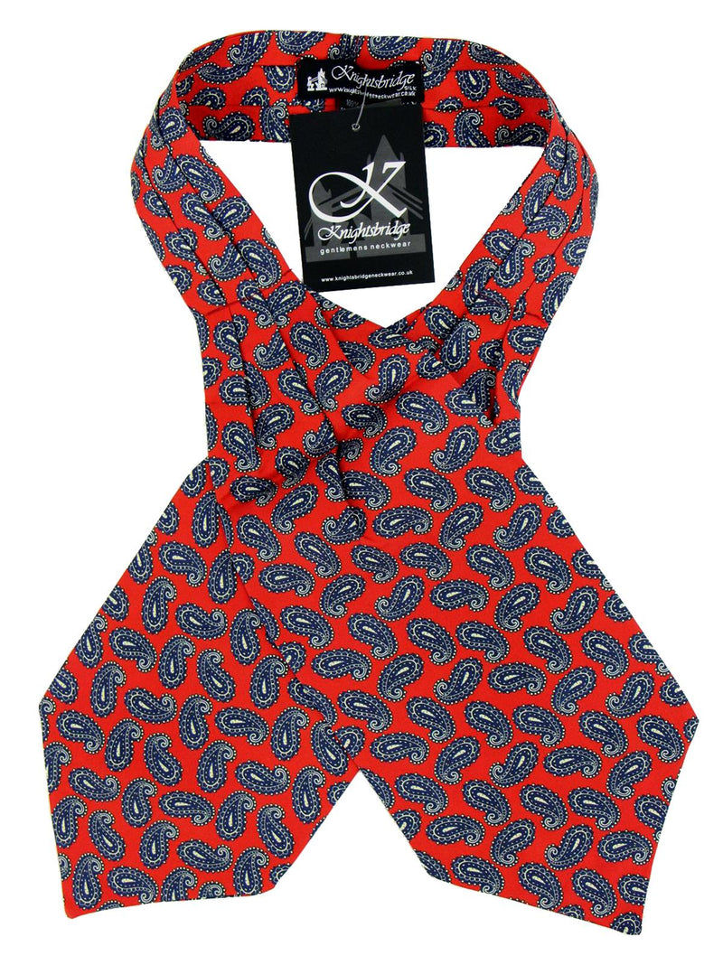 Red & Navy Paisley Print Pure Silk Vintage Look Cravat
