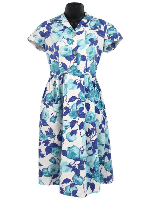 Blue Rose Floral 1950s Vintage Shirt Dress