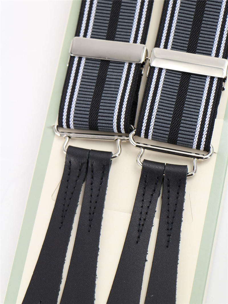 Monochrome Stripe Button Braces with Black Leather Loops