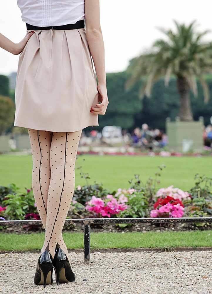 Vintage Style Nude Tights with Black Polka Dots