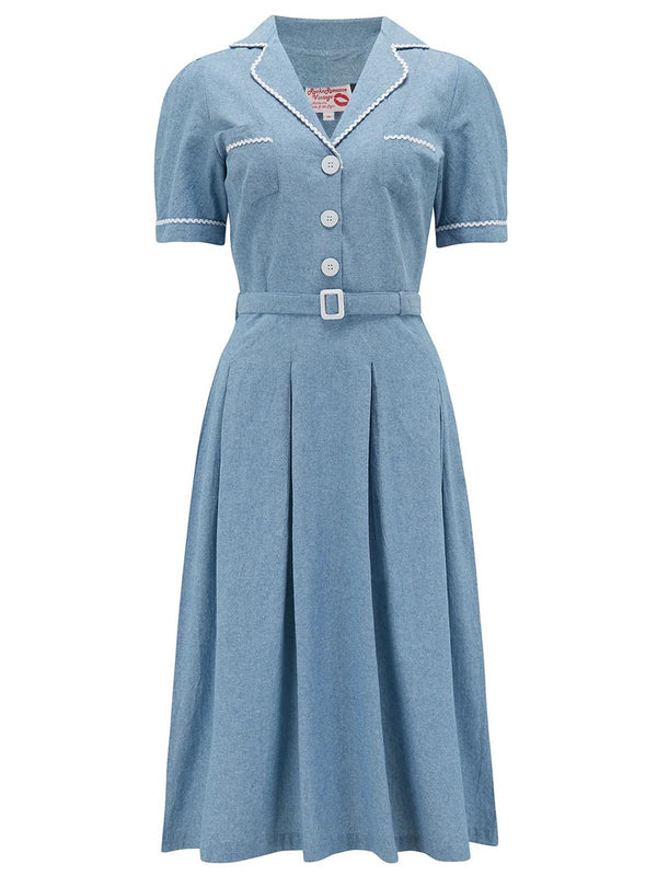 Vintage Style Chambray Denim Shirtwaister Ric-Rac Dress