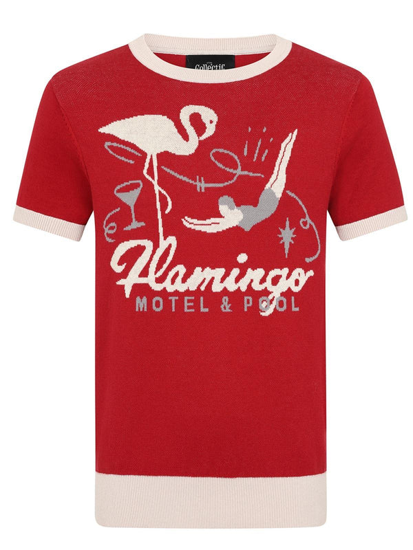 Short Sleeve Red 50s Style Flamingo Knit Top