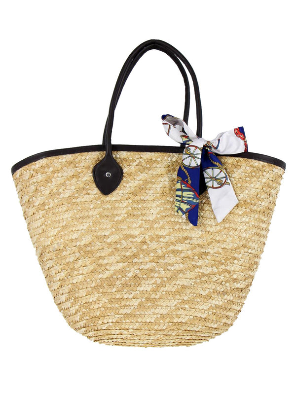 Light Beige Woven Beach Basket Bag with Silk Scarf