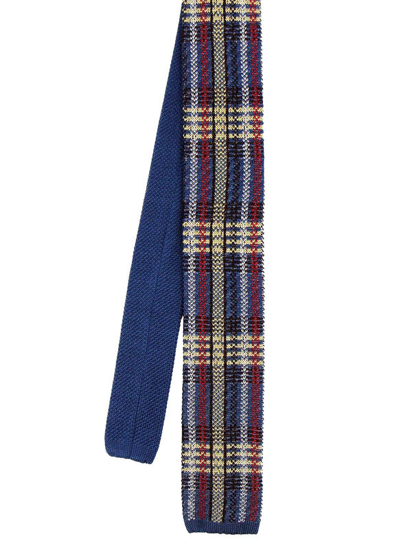 1960s Style Large Blue Check Knitted Silk Slim Tie