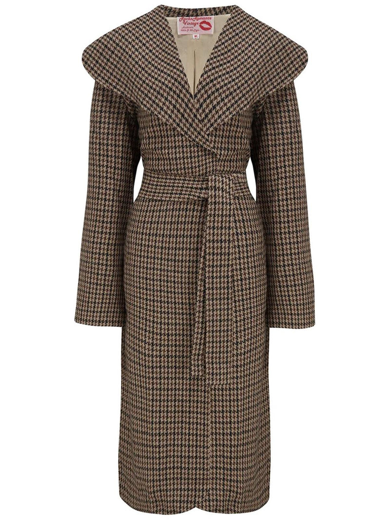 Classic Brown 1940s 1950s Style Houndstooth Wrap Coat