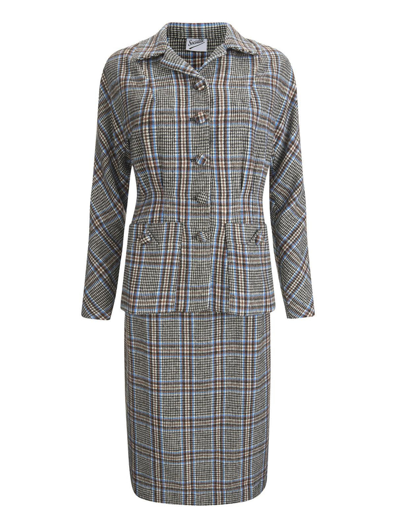 1940s Vintage Amity Skirt Suit in Brown & Blue Check