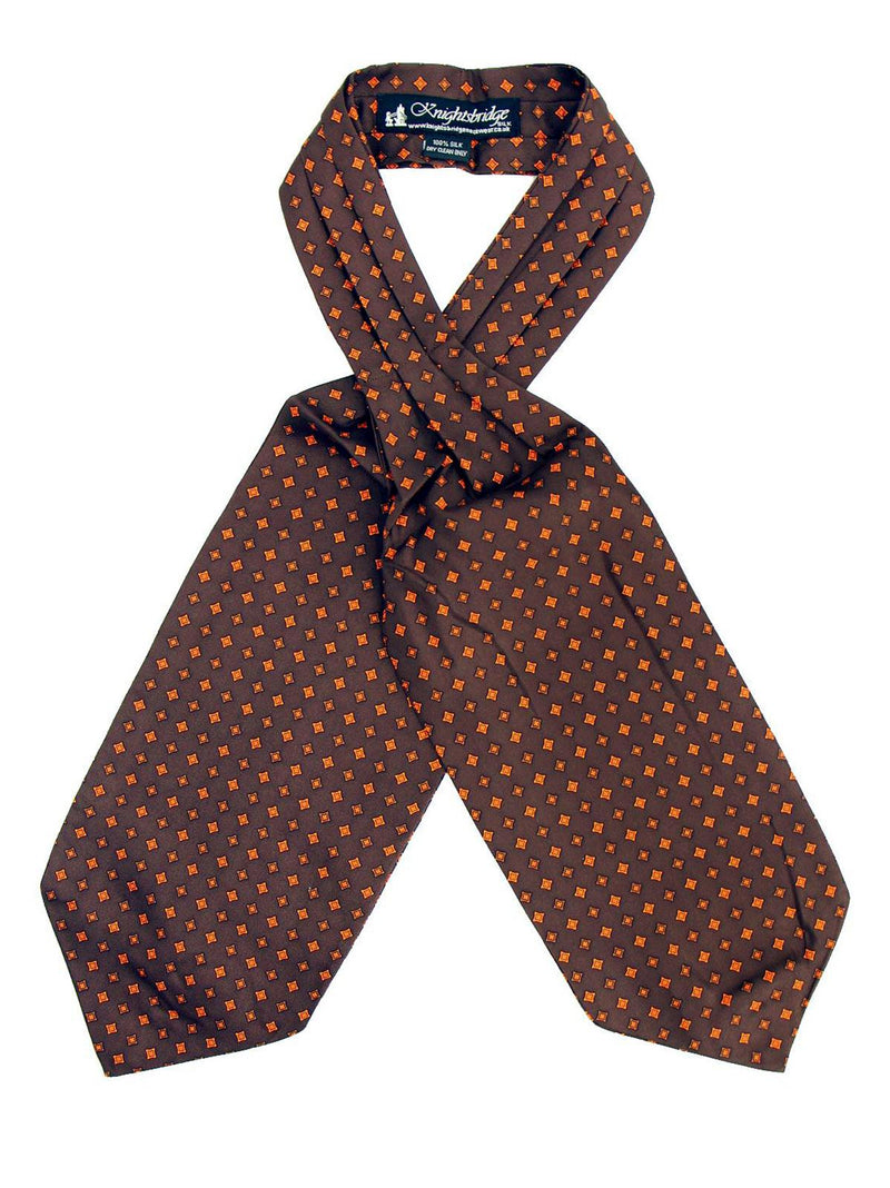 Brown & Orange Diamond Print Silk Vintage Style Cravat