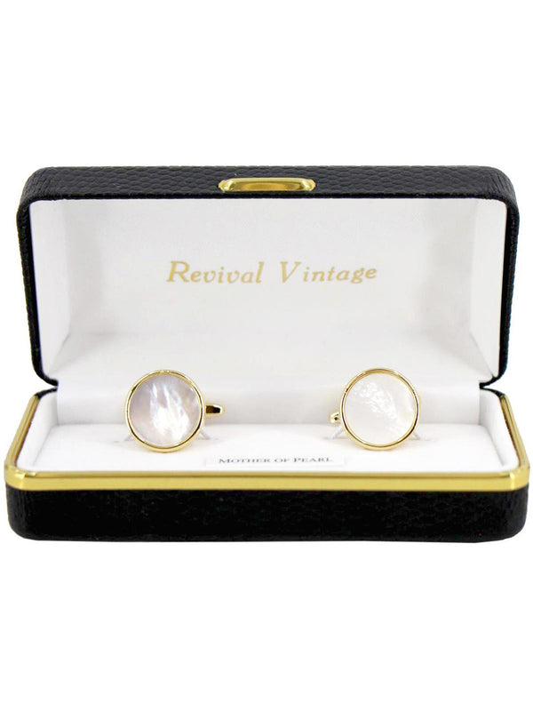 Vintage Style Round Mother of Pearl Gold Cufflinks